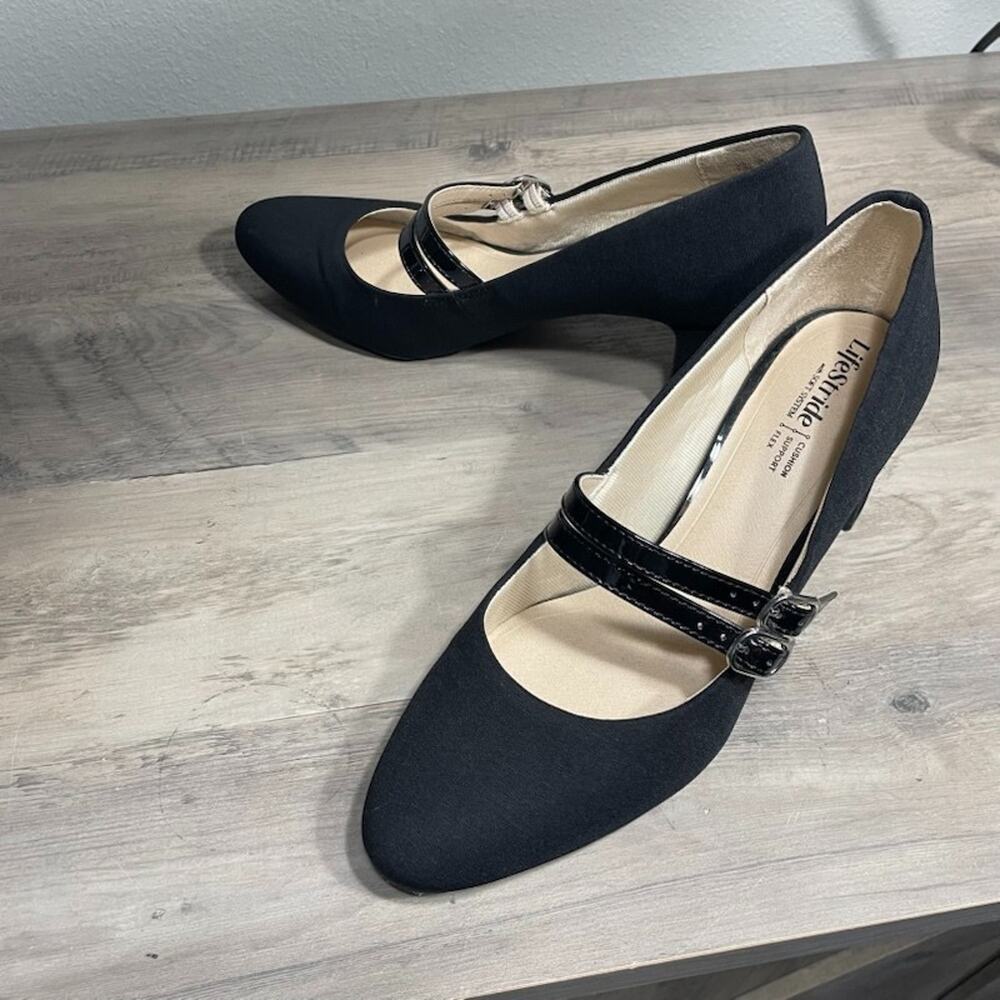 LifeStride True Mary Jane Pump Block Heel Black Patent Double Strap Sz 9.5